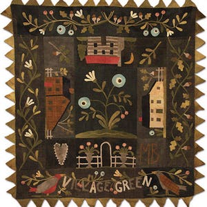 May include: A brown and green needlepoint wall hanging with a village scene. The scene includes houses, flowers, birds, and a heart. The text "Village Green" is embroidered in the bottom center of the piece.