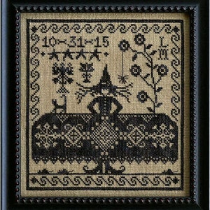 May include: Black and white cross-stitch pattern featuring a witch with a broom, a cat, and a spider web. The text "10-31-15" is stitched in the upper left corner.