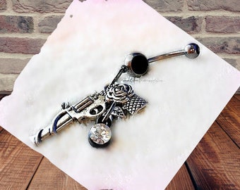 Gun Roses Belly Ring,Redneck Girl Belly Button,Pistol Revolver Gift,Country Music Fan Gift,Sexy Body Jewelry,Beach Girl,gangster jewelry