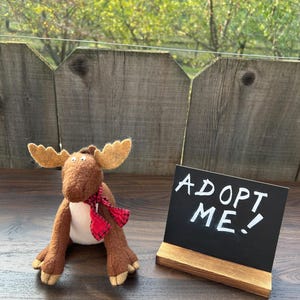 May include: A brown felt moose with a red and white plaid scarf sits on a wooden surface with a small chalkboard sign that reads "ADOPT ME!"