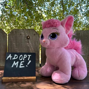 May include: A pink plush cat toy with large eyes and a fluffy mane. A small chalkboard sign with the words "ADOPT ME!" is in front of the toy. The toy is sitting on a wooden surface.