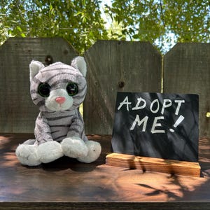 May include: A plush gray and white striped cat toy with large green eyes and a pink nose. Beside the cat is a small chalkboard sign that reads "ADOPT ME!" in white lettering. The cat is sitting on a dark brown wooden surface.