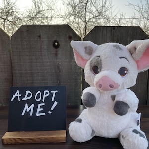 May include: A plush pig toy with white fur, gray spots, and pink ears and snout. A small chalkboard sign with the words "ADOPT ME!" is placed in front of the pig. The background includes a wooden fence and bare tree branches.