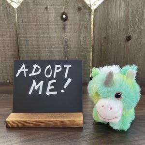May include: A plush, green and yellow unicorn toy with a pink nose and a small, black chalkboard sign that reads "ADOPT ME!" in white lettering. The sign is on a wooden stand.