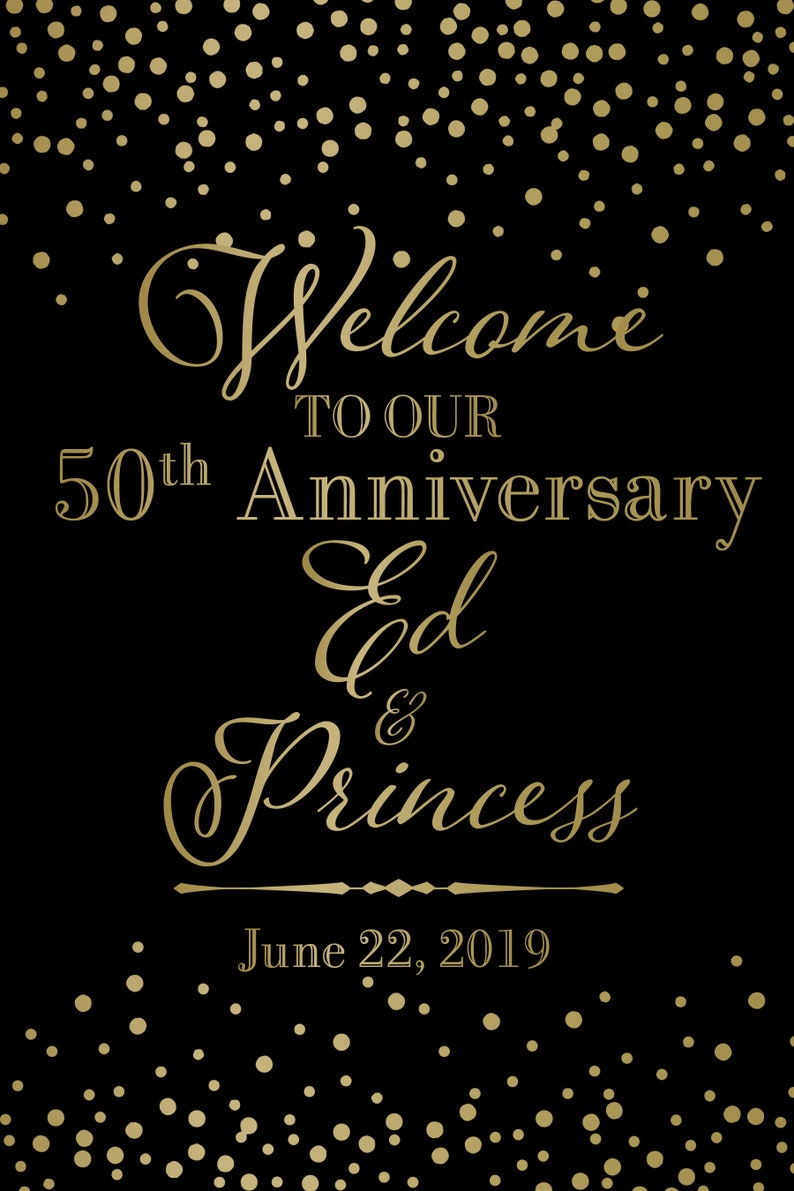 Welcome to Our Wedding Sign Anniversary Sign Printed Wedding Ceremony Sign Black and Gold Sparkle Sign 50th Anniversary Sign