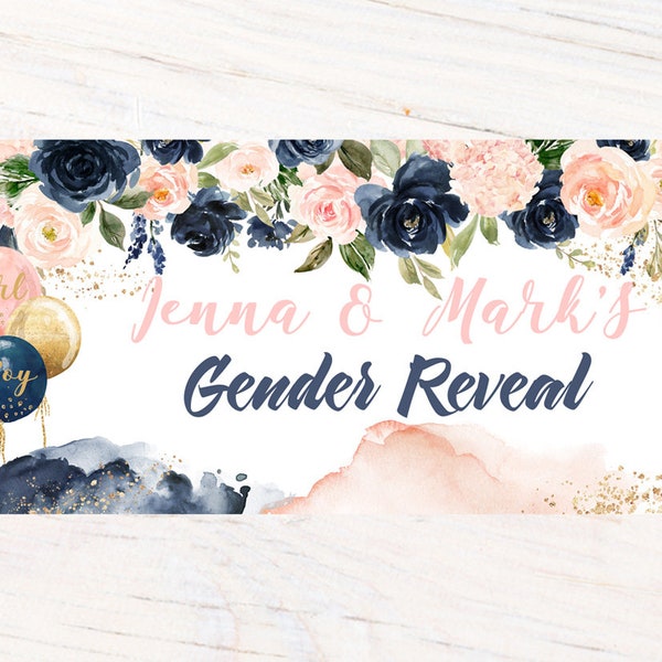 Baby Shower Personalized Banner | Gender Reveal Banner | Navy Floral Banner, Printed Vinyl Banner, Blush Floral Banner, Watercolor Balloons