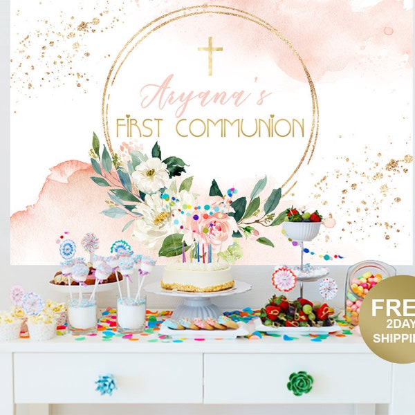 First Communion Personalized Cake Table Backdrop | Religious Backdrop | Baptism Photo Backdrop, Christening Backdrop, Spring Floral Backdrop