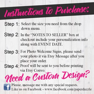 May include: A white wood-grain background with black text titled Instructions to Purchase. It lists four steps for selecting sizes, providing personalisation and event dates, sending photos via Etsy Message, and receiving proofs via Etsy Convo.