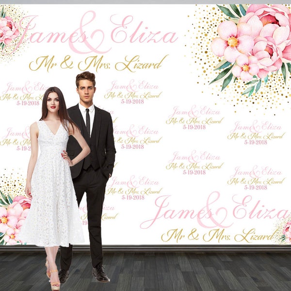 Wedding Photo Backdrop, Wedding Backdrop, Personalized Step and Repeat Backdrop, Floral & Gold Confetti Photo Booth Backdrop, Bridal Shower