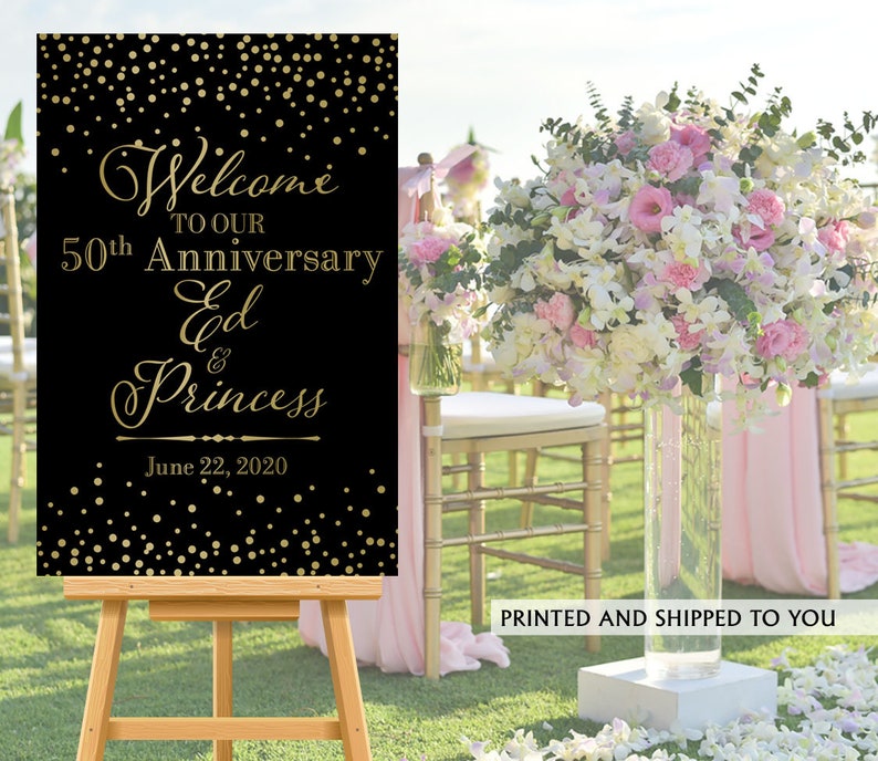 Welcome to Our Wedding Sign Anniversary Sign Printed Wedding Ceremony Sign Black and Gold Sparkle Sign 50th Anniversary Sign