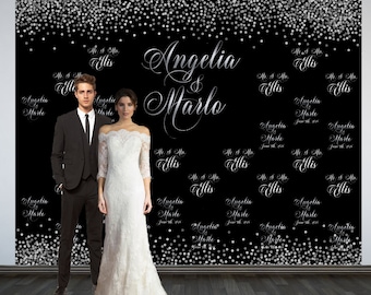Wedding Photo Backdrop, Wedding Backdrop, Personalized Step and Repeat Backdrop, Black and Silver Confetti Photo Booth Backdrop, Anniversary