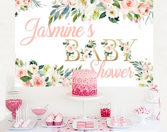 Blush Flowers Cake Table Backdrop, Baby Shower Photo Backdrop- Baby Shower Personalized Backdrop, Baby Shower Printed Backdrop