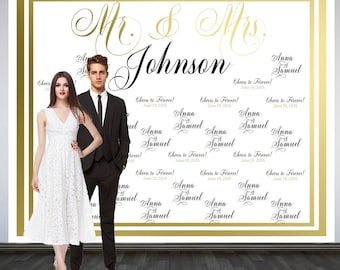 May include: A large rectangular wedding backdrop featuring a white background with a gold border. The text reads Mr. & Mrs. Johnson at the top, with repeating patterns of Anna & Samuel and Cheers to Forever! June 19, 2018 printed in black script.