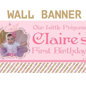 First Birthday Party Personalized Banner, Princess Birthday Party Banner Vinyl Party Banner Royal Princess Birthday Banner image 1