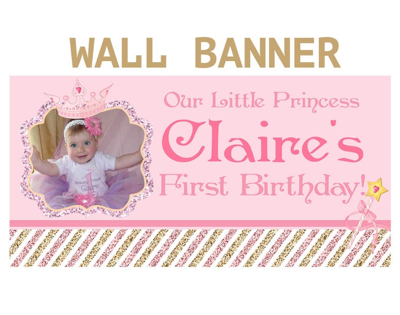 First Birthday Party Personalized Banner, Princess Birthday Party Banner Vinyl Party Banner Royal Princess Birthday Banner image 1