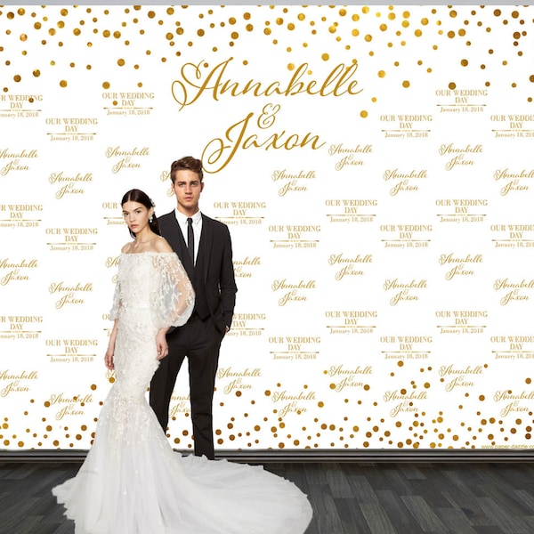 Wedding Photo Backdrop, Printed Custom Wedding Party Backdrop, Personalized Wedding Backdrop, White and Gold Sparkle Photo Booth Backdrop