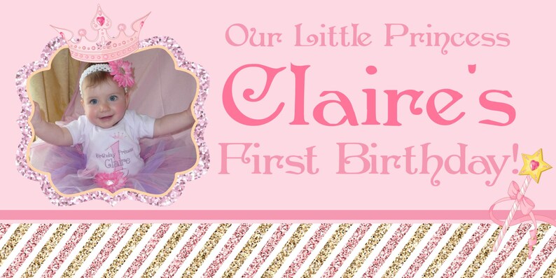 First Birthday Party Personalized Banner, Princess Birthday Party Banner Vinyl Party Banner Royal Princess Birthday Banner image 2