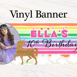 Glitter Unicorn Personalized Banner Rainbow Unicorn Birthday Party Banner Photo Large Banners, Vinyl Print Banner, Birthday Banner image 1