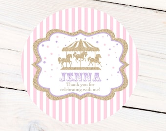 Carousel Personalized Stickers, Birthday Carnival Personalized Labels - First Birthday Favor Labels