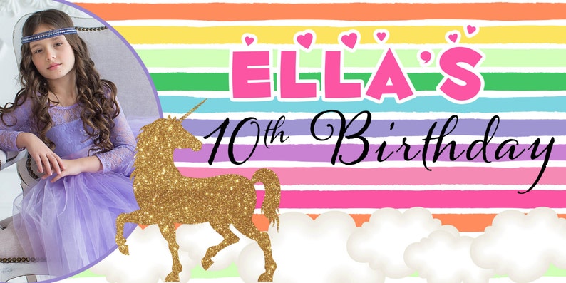 Glitter Unicorn Personalized Banner Rainbow Unicorn Birthday Party Banner Photo Large Banners, Vinyl Print Banner, Birthday Banner image 2