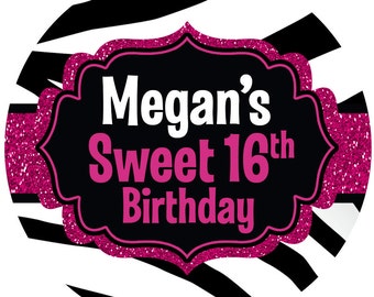 Personalized Stickers Sweet 16th, Zebra Birthday Personalized Labels Size 2.25"