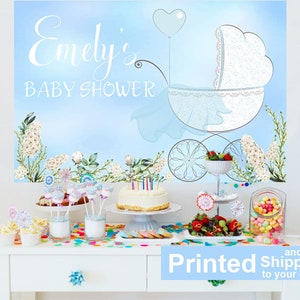 Baby Stroller Cake Table Backdrop | Baby Shower Photo Backdrop | Baby Boy Personalized Backdrop | Baby Stroller Printed Backdrop