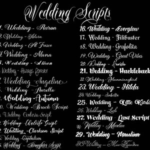 May include: A black background featuring a white list of thirty numbered wedding font styles. Each entry displays the word Wedding followed by a specific script name, ranging from Aaron to Miss Fajardore, presented in various cursive and decorative typefaces.