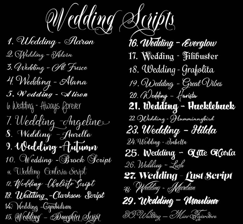 May include: A black background featuring a white list of thirty numbered wedding font styles. Each entry displays the word Wedding followed by a specific script name, ranging from Aaron to Miss Fajardore, presented in various cursive and decorative typefaces.