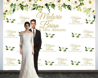 Wedding Photo Backdrop, Wedding Party Backdrop, Personalized Wedding Backdrop, Printed White Floral Photo Backdrop, Anniversary Backdrop