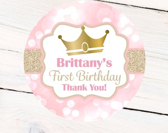 First Birthday Princess Personalized Stickers, Birthday Crown Personalized Labels - Favor Labels