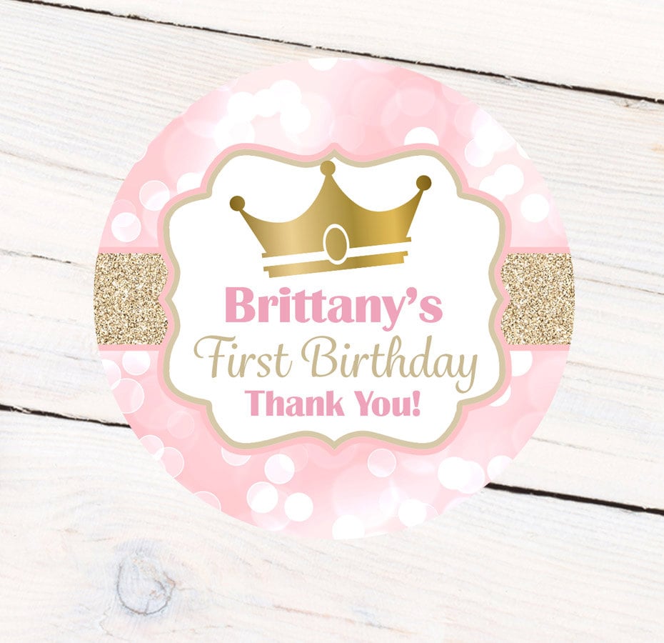 12 Personalized Pink and Gold Princess Party Stickers favors labels round crown 