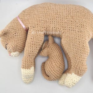May include: A crocheted cat-shaped pillow in tan with a smaller kitten-shaped pillow nestled beneath it. The larger cat has white paws and a pink ribbon tied around its neck. The kitten is also tan.