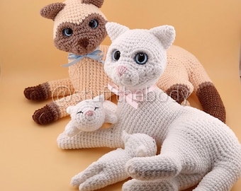 Cat Family Bundle: Sunny The Siamese Cat Crochet Pattern + Belle The White Cat Crochet MOD + Poppy The Newborn Kitten Crochet Pattern [PDF]