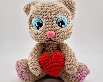 Big Eyed Valentine Kitten Crochet Pattern: Low-sew Amigurumi Cat With A Heart (PDF Download)