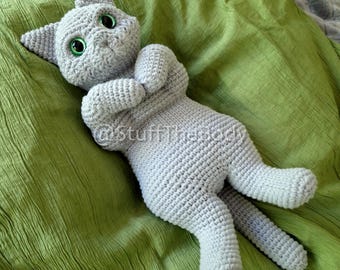 Scratch-My-Tummy Cat Crochet Pattern: Amigurumi low-sew grey british shorthair cat lying on its back, asking for scratches [PDF TUTORIAL]