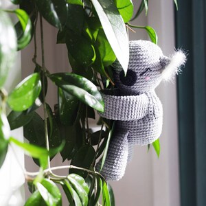 May include: A gray crocheted koala plush toy with black eyes and a white fuzzy ear, hanging from a green leafy plant.