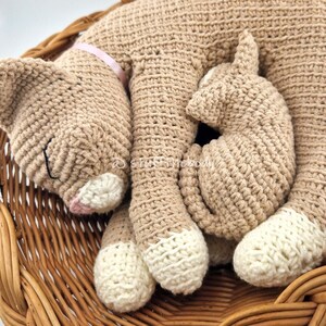 May include: A crocheted cat doll in a woven basket. The cat is light brown with white paws and a pink nose. A smaller crocheted cat is nestled next to the larger one. The cat has a pink ribbon around its neck.