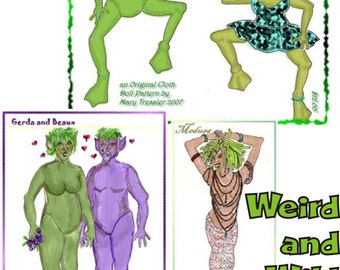 PDF digital download, original design dolls, cloth Doll Pattern Bundle - Three Fun and Weird dolls to make...
