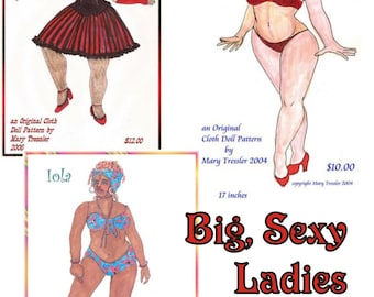 PDF digital download, original design dolls, cloth Doll Pattern Bundle - Three large, sexy girls ready to be made...
