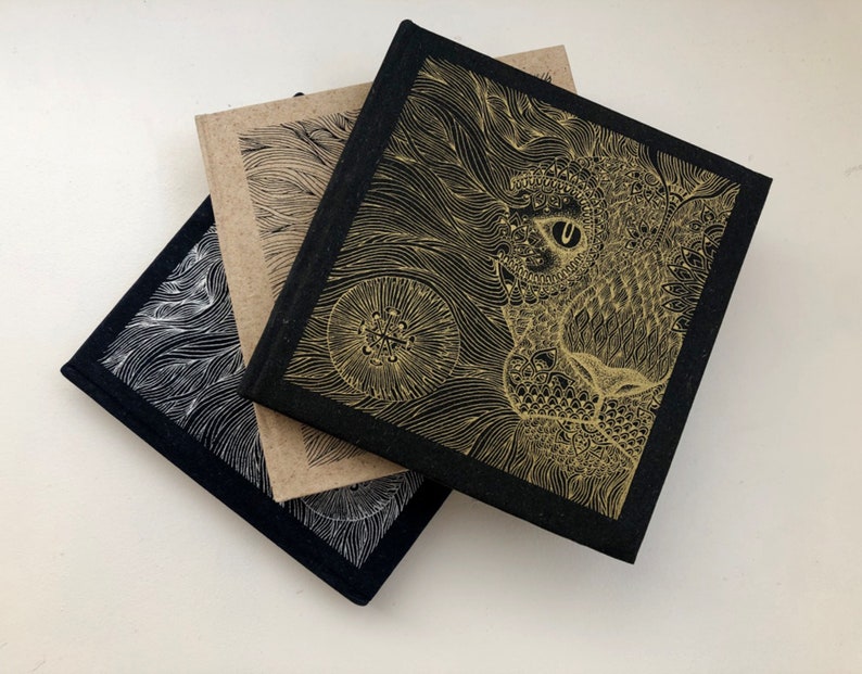 Sketch book. Note Book. Handmade Gold Lion screen printed book. Blank Book. image 1