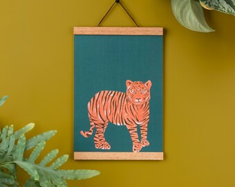 Groenblauwe tijgerkunstprint: tropische dierenillustratie