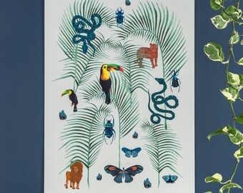 Kunstprint tropische dieren: A2 palmblad, flora en fauna