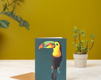 Blanco kaart toekan blauwgroen: handgeschilderde tropische kunst