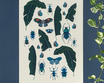 A2 tropische print: bananenbladeren en insecten, botanische kunst