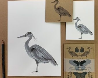 Handgeschilderde reigerkunstdruk: A4 gesigneerde vogelillustratie