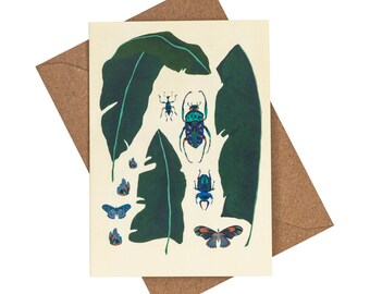 Botanische wenskaart: bananenbladeren en insecten, vintage stijl