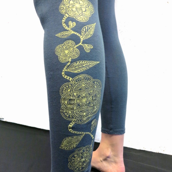 Cotton leggings with gold screen printed floral design