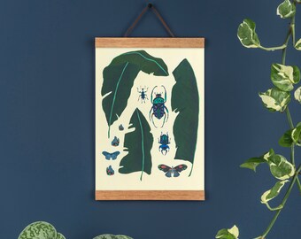Tropische kunstprint: bananenbladeren en insecten, A4 flora en fauna-print