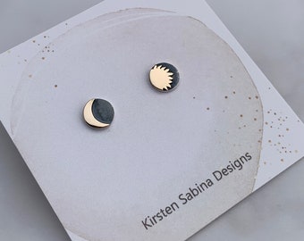 Mixed Metal Moon and Star Post Earrings