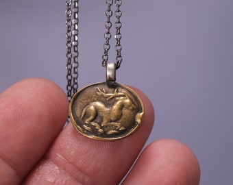 Sterling Silver and Brass Jackalope Necklace - Horned Rabbit Necklace